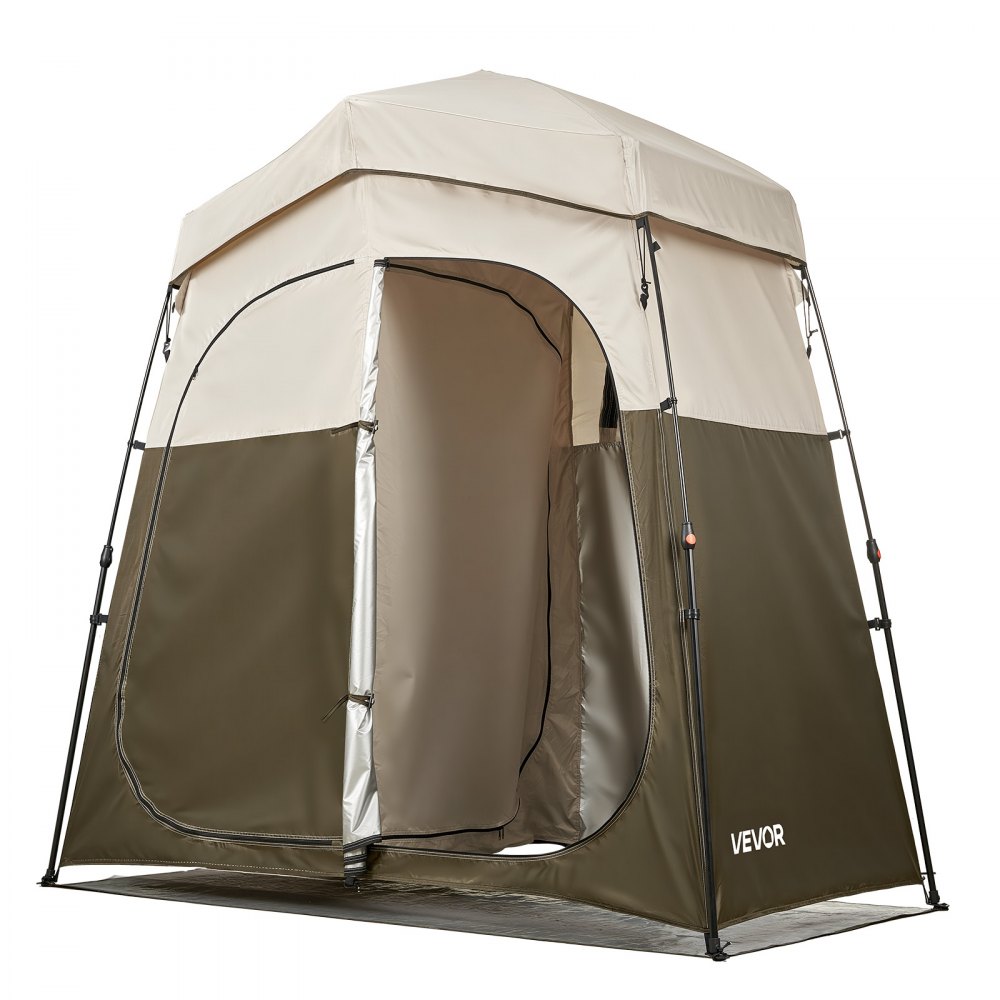 Tente de douche, tente de toilettes (2140x1120x213 cm) avec écran d'intimité et 2 pièces, tente à langer avec piquets, cordes et sac de transport, tente d'intimité en tissu Oxford 150D pour le camping, la plage, la pêche