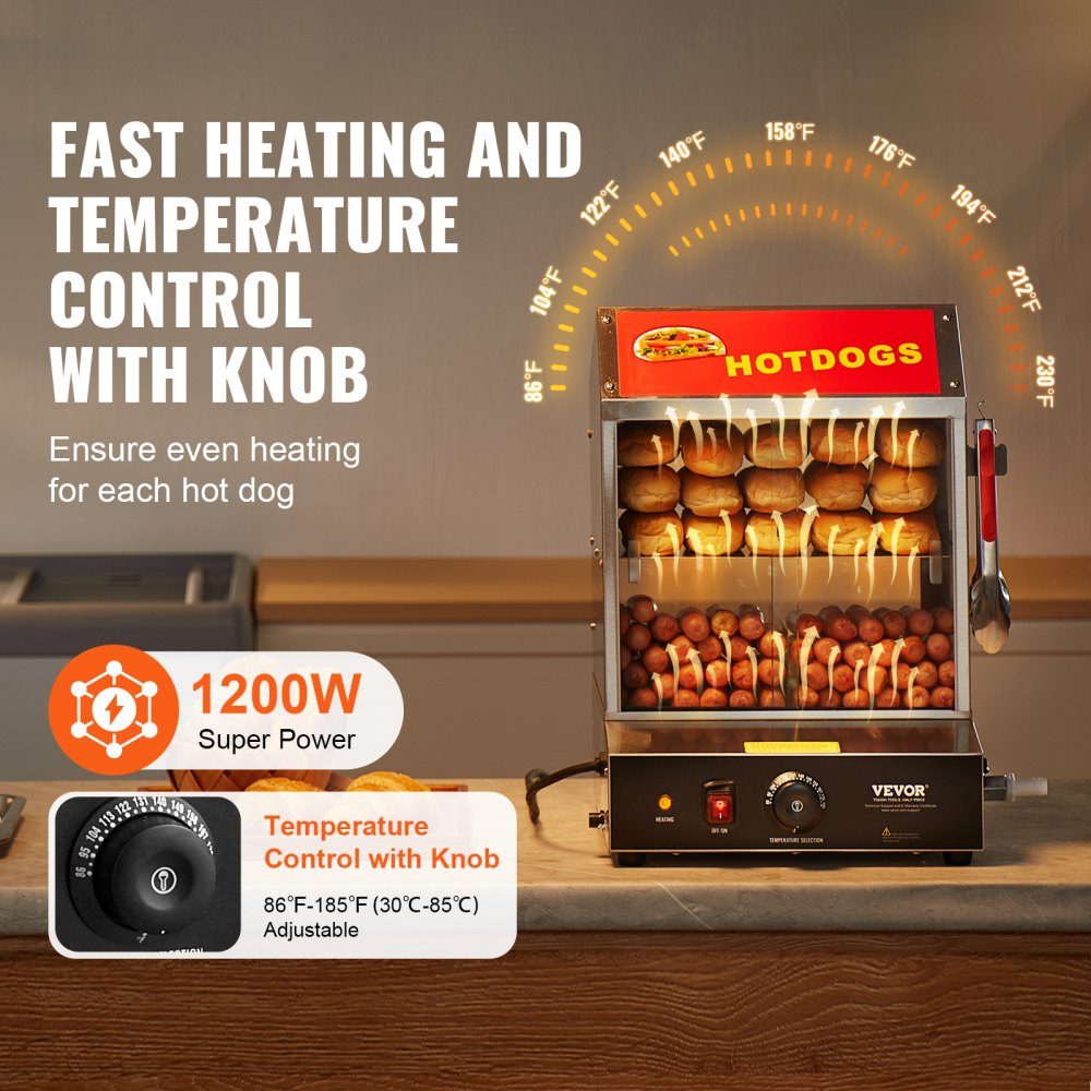 Parowiec do hot dogów, 2-poziomowy parowiec do hot dogów, 27 l, regulacja temperatury 30 ℃ ~ 85 ℃, elektryczny podgrzewacz bułek z drzwiami przesuwnymi z hartowanego szkła, szczypce do płytek oddzielających, stal nierdzewna, do hot dogów i bułek