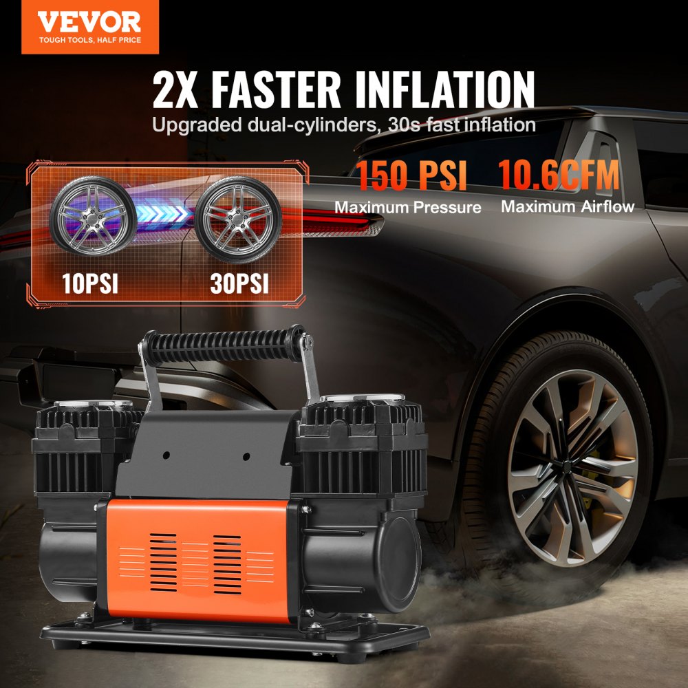 10.6 CFM Heavy Duty Air Compressor, 30s Fast Inflation | Portable Dual Cylinder Tire Inflator 12V 150 PSI Off-Road Air Pump with Adapters for Trucks, Cars, SUVs, 4x4 Vehicles, RVs