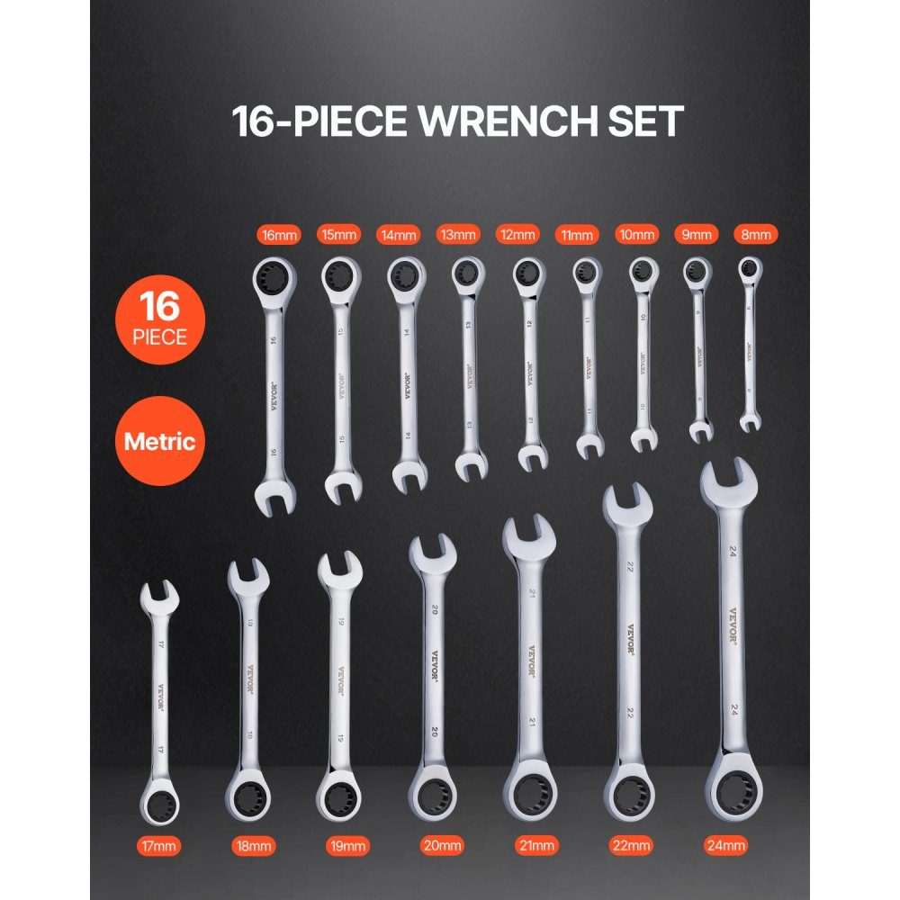 Combinatiesleutelset, 16-delige ratelsleutelset met organizerrek, Cr-V stalen moersleutelset, metrisch 8 mm tot 24 mm, ideaal voor huishouden, garage, werkplaats, noodgevallen bij autoreparatie