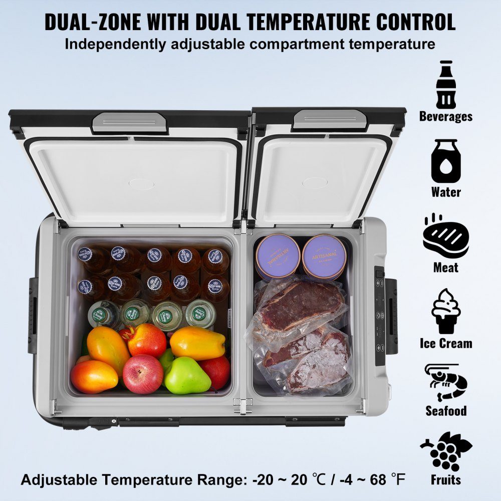 Portable Car Fridge, 12V Car Fridge, 58L/61.5QT Portable Dual Zone Freezer, -20°C to 20°C Adjustable Temperature, Compressor Cooler for Home, Outdoor, Camping