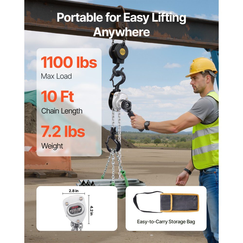 Mini Lever Hoist, 1/2 Ton Capacity Hand Chain Hoist, 3m Stroke, G80 Steel Alloy Chain with Mechanical Double Pawl Brake, Chain Hoist with 360° Swivel Hooks, for Warehouse, Construction, Garage