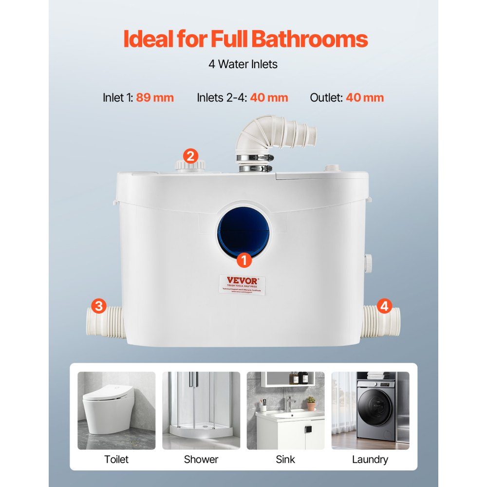 Système de relevage, 900 W, débit 180 L/min, hauteur de refoulement 12 m, système de relevage des eaux usées avec 4 arrivées d'eau, pompe eaux usées pour WC, cave, douche, lavabo, buanderie, baignoire