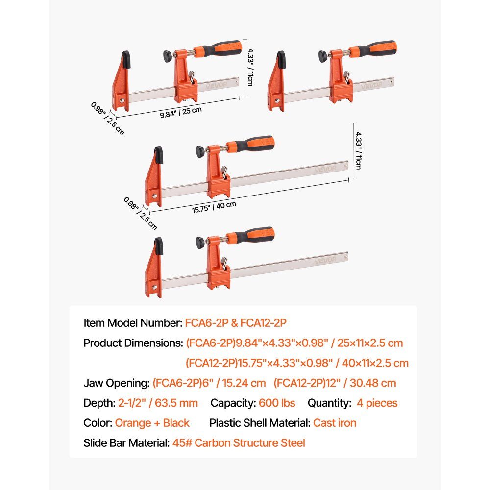 Woodworking Bar Clamps, 4 Pack (6"/12") Opening Locking F Clamp with 500 Pound Load Limit, 2.5" Depth, Cast Iron and Carbon Steel, Metalworking