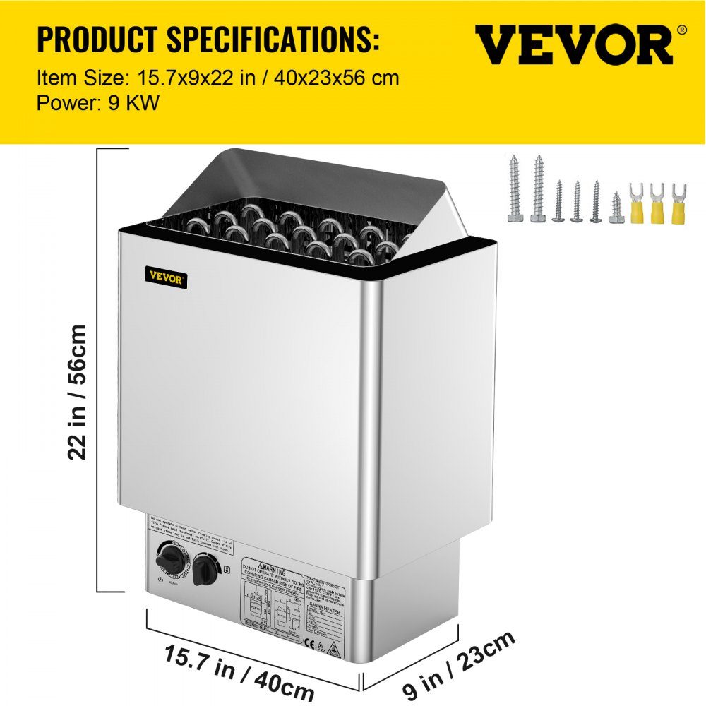 Saunaofen 9 KW, Sauna-Elektroherd 380 V - 415 V, Edelstahl-Saunaofen 20 kg Saunasteine, elektrischer Saunaofen 2 Modi (Temperatur, Zeit), für 9-13 m³ Saunaraum, 190 cm Höhe, mit Wandhalterung