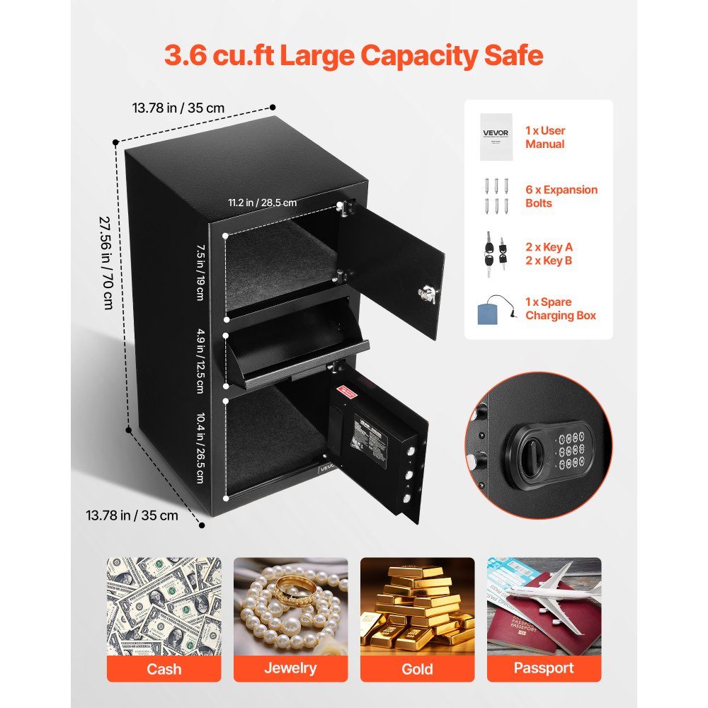 Coffre-fort anti-chute, coffre-fort de 3,6 pieds cubes avec grande fente centrale, coffre-fort avec clavier et 3 niveaux et clés de rechange pour les documents de reçus d'argent