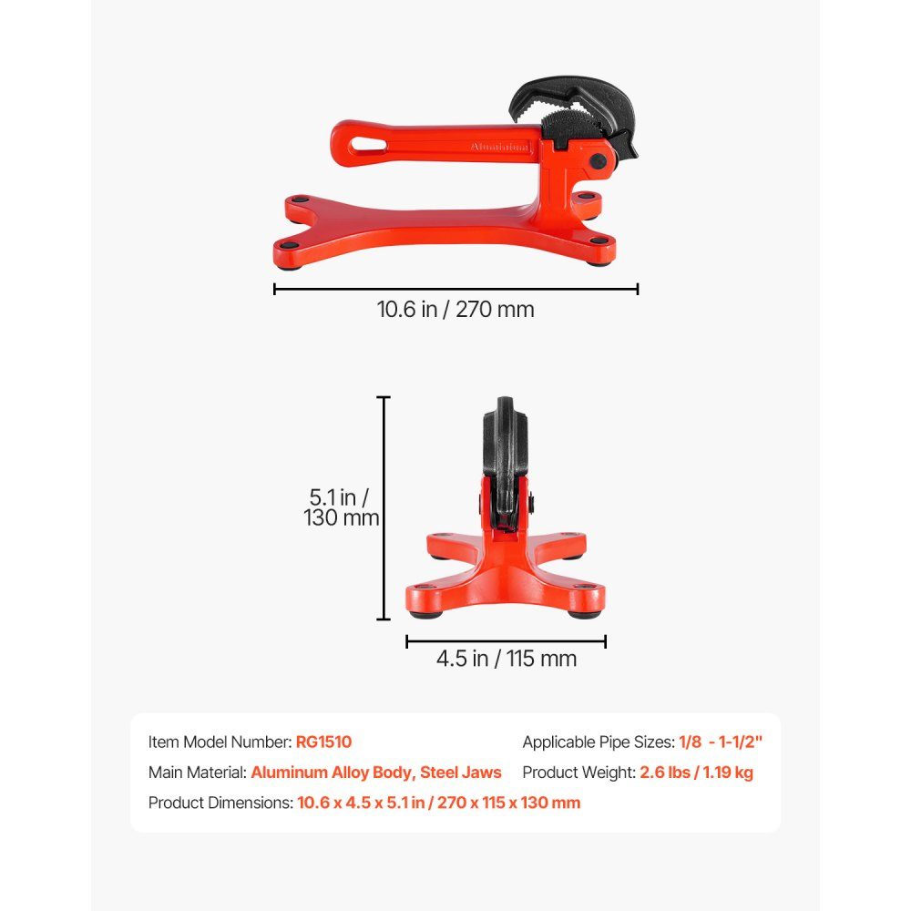 Portable pipe vise, aluminum vise with a clamping capacity of 3.175 to 38.1 mm, ideal for on-site pipe installation, repair and maintenance