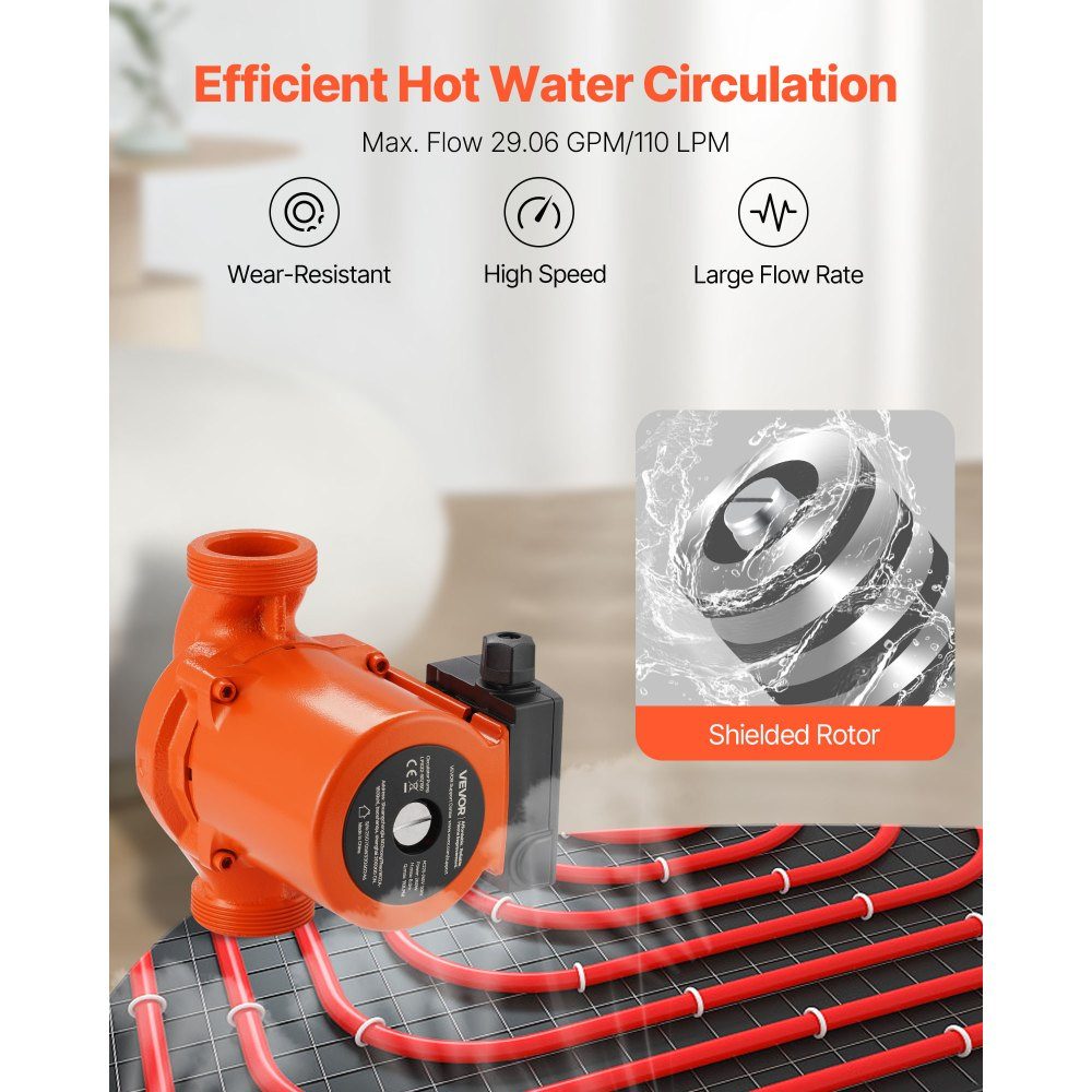 LPS32-8S/180 Cast Iron Circulation Pump 3/8HP 110L/min Hot Water Circulation Threaded Connection 3 Level Speed ​​Adjustment Quiet Operation for Home Heating Systems Inlet and Outlet Ports Both 2"