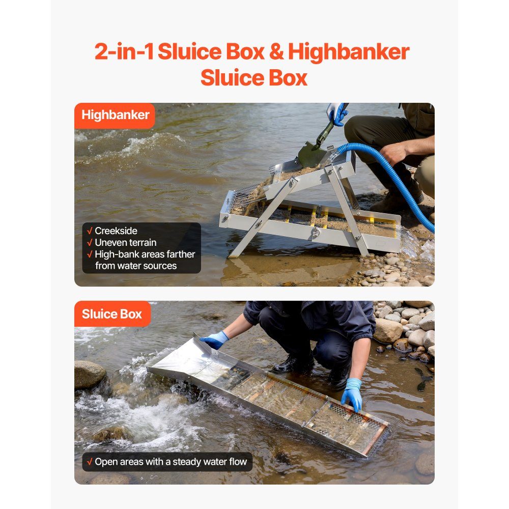 Highbanker Gold Washing Trough 50" 2 in 1 Foldable Highbanker Gold Washing Trough Aluminum Alloy Mining Equipment with Backpack and Protective Gloves Ideal for Streams, Riverbanks and Rivers