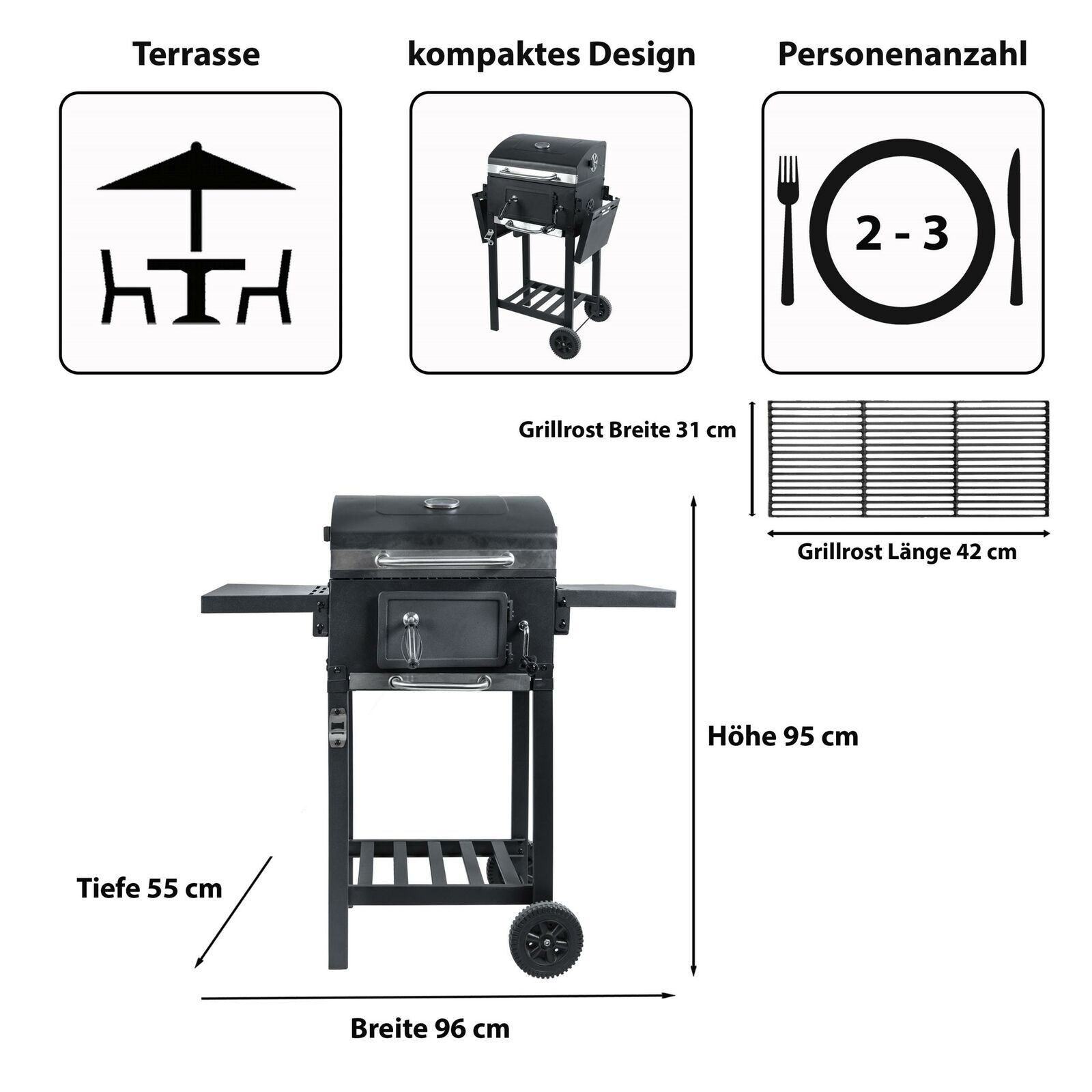 BBQ-Holzkohlegrill-Smoker-Set mit Deckel, höhenverstellbar, 2 Seitenablagen
