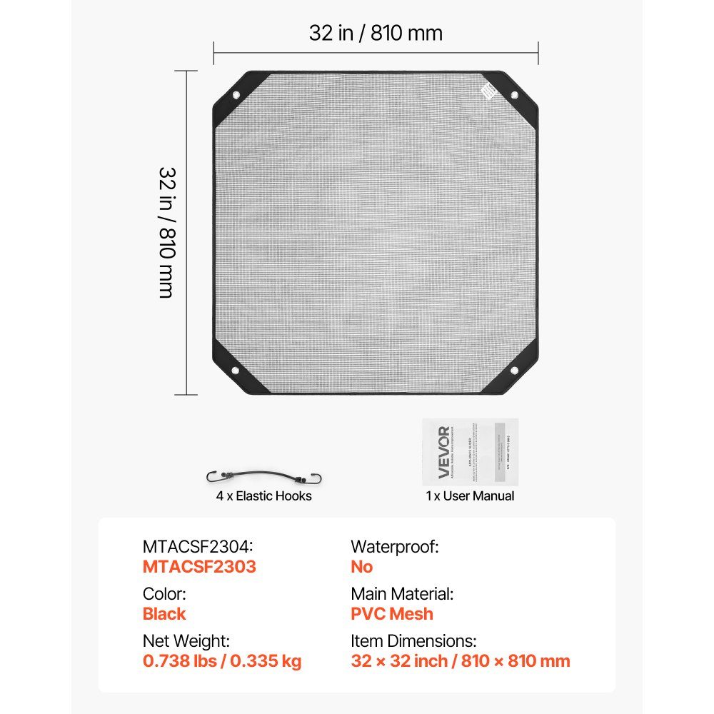 Abdeckung für Klimaanlagen für den Außenbereich, 810 x 810 mm, Schutzhülle für Klimaanlagen, PVC-Netzabdeckung mit elastischen Haken, reißfest, für den Außenbereich, für alle Jahreszeiten, Schwarz