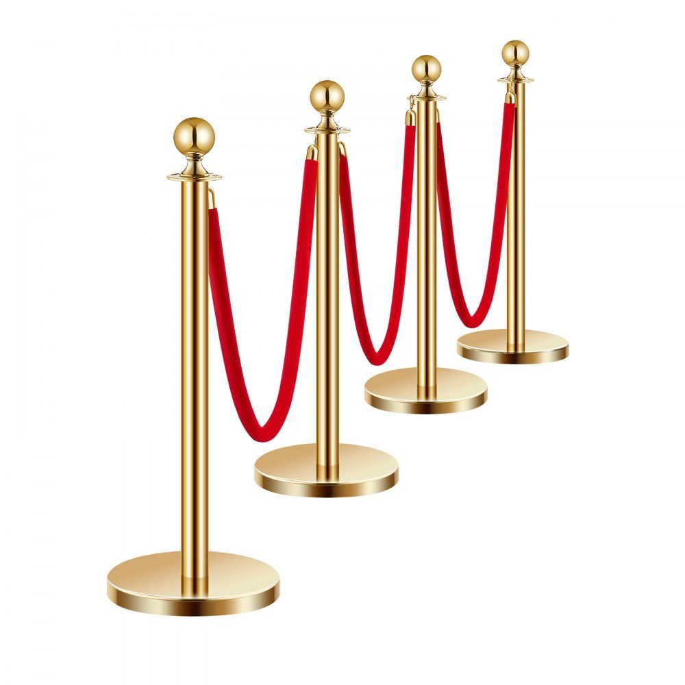 Afzetpalen (4 stuks) voor crowd control met 3 rood fluwelen touwen (1,5 m lang), RVS slagboomstandaard met hervulbare voet voor tentoonstellingen Golden