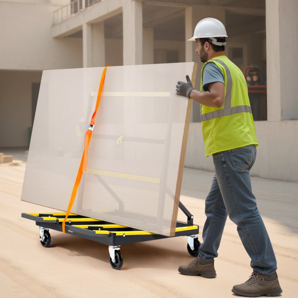 Panel trolley, 816 kg load capacity, transport trolley with 4 swivel castors & extendable loading area, folding panel trolley with lashing strap for transporting plywood, plasterboard, glass