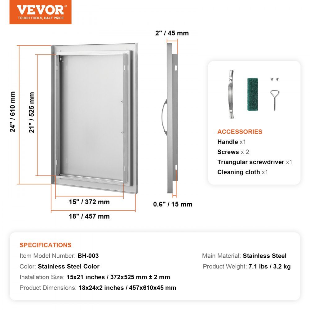 Porte d'accès au gril, 457 x 610 x 45 mm, porte de cuisine extérieure simple, porte encastrée en acier inoxydable, porte murale verticale avec poignée, pour îlot de grill, station de grill, armoire extérieure