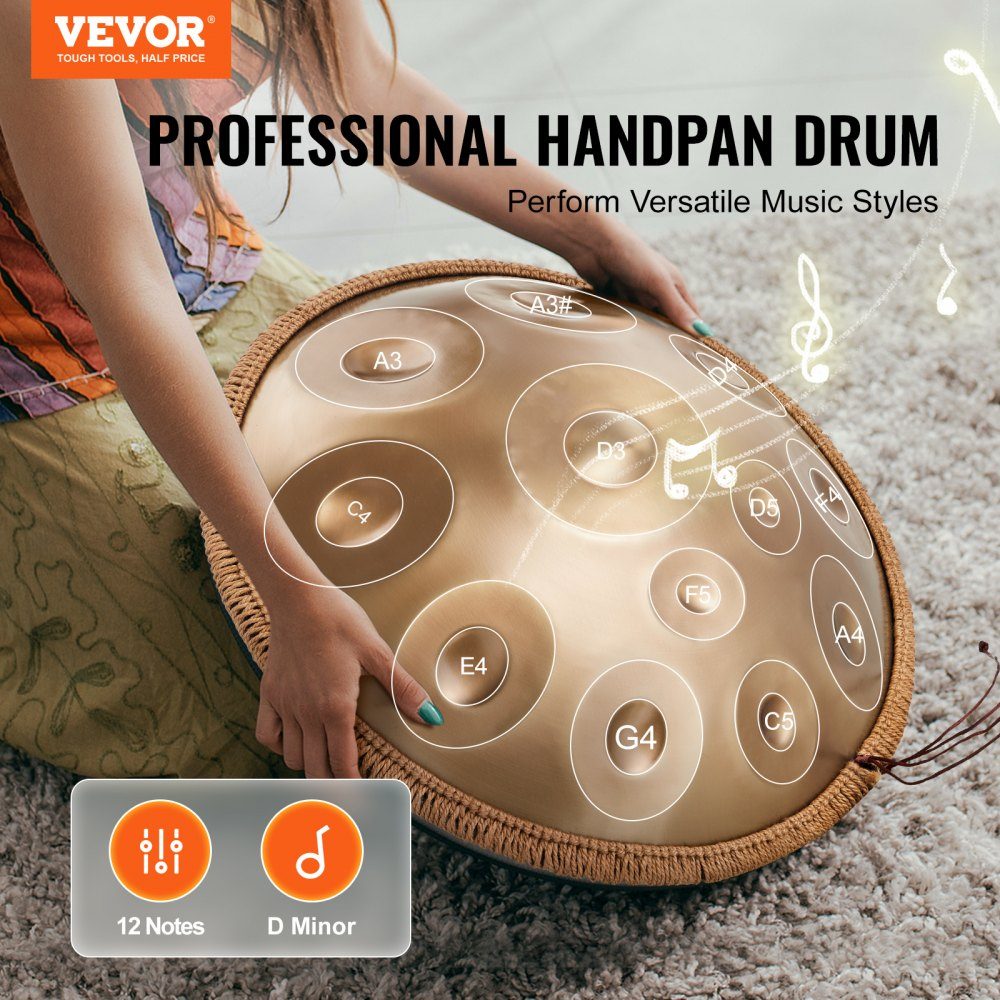 Handpan, 55cm, 12 Notes, D Minor Hand Drum, Drum Instrument with Mallets, 440Hz Handpan Stand and Carry Bag, Healing Steel Sound Drum, Percussion Instruments for Adults and Beginners