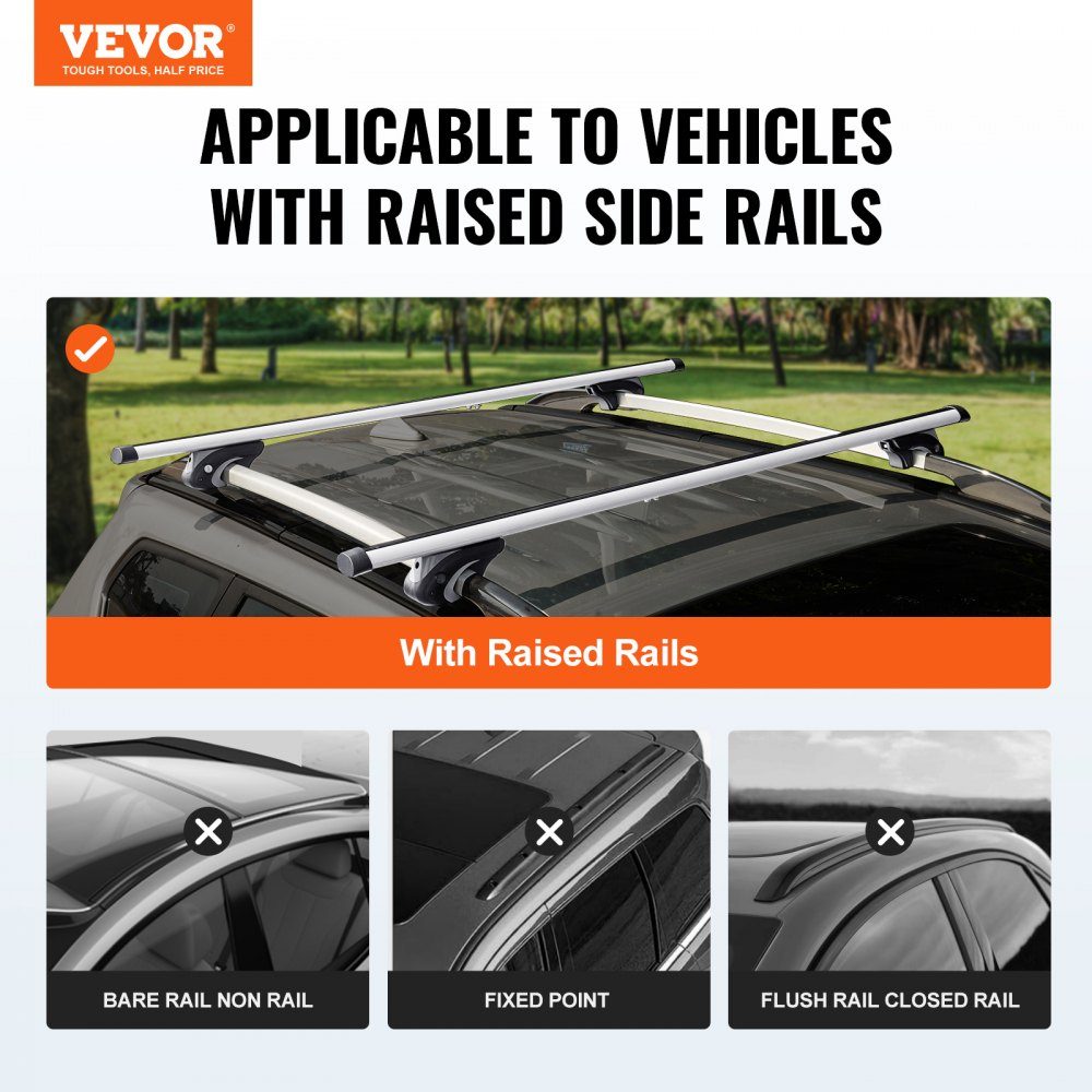Porte-bagages de toit universel pour voiture, barre transversale en aluminium, capacité de charge de 90 kg, pour rail latéral surélevé avec espace, adapté à la distance intérieure de la poutre de toit 19-116 cm, diamètre du tube 28-68 mm