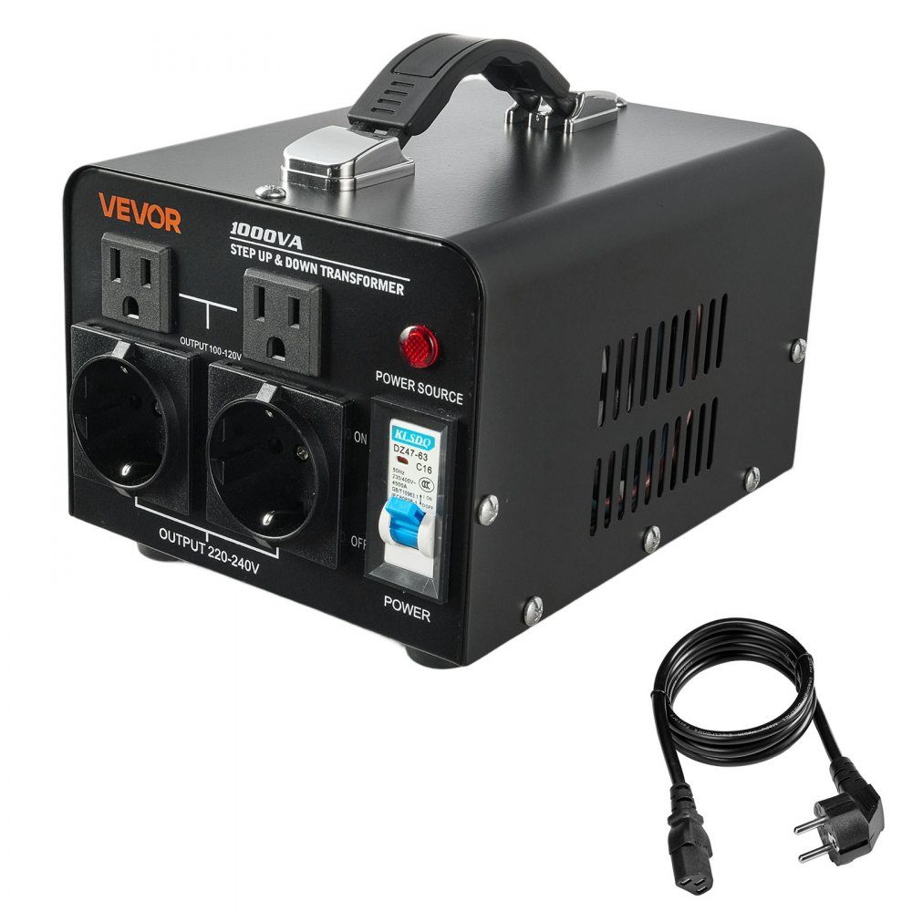 Voltage Converter Transformer, 1000VA Step Up/Down Power Transformer, 110V to 220V and 220V to 110V Conversion, with US and EU Sockets, Power Cord, Circuit Breaker