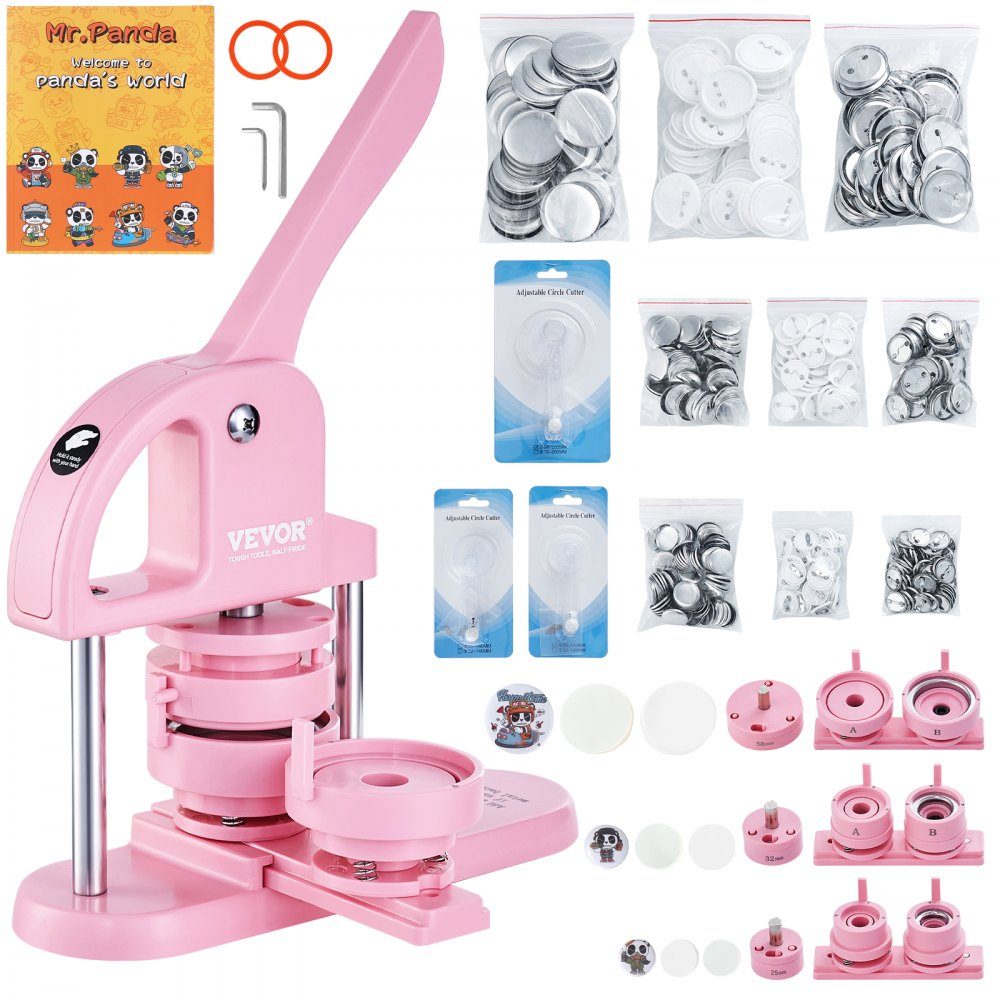 Buttonmaker 25/32/58mm 3-in-1 Pinmaker, 300pcs Button Parts, Buttonmaker Machine with Panda Magic Book, Ergonomic Punching Set with Bow Handle, for DIY Gifts for Kids