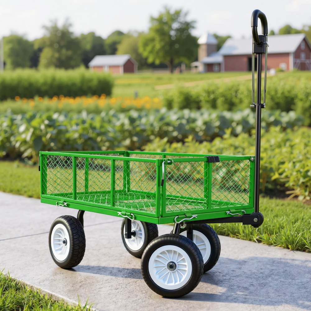 Bollerwagen 408,2 kg Tragkraft, Gartenwagen mit PU-Bereifung, Transportwagen aus Stahl mit verstellbarem Griff, abnehmbare Seitenwände, Gerätewagen zur Befestigung an ATV oder Traktor, grün Bollerwagen 408,2 kg Tragkraft, Gartenwagen mit PU-Bereifung, Transportwagen aus Stahl mit verstellbarem Griff, abnehmbare Seitenwände, Gerätewagen zur Befestigung an ATV oder Traktor, grün