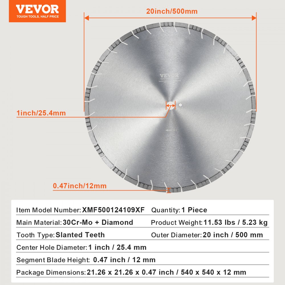 Diamond saw blade concrete saw blade 50 cm for wet or dry work, 12 mm diamond segment saw blade with oblique teeth, center hole diameter 25.4 mm, for concrete, cement boards, tiles, bricks Diamond saw blade concrete saw blade 50 cm for wet or dry work, 12 mm diamond segment saw blade with oblique teeth, center hole diameter 25.4 mm, for concrete, cement boards, tiles, bricks