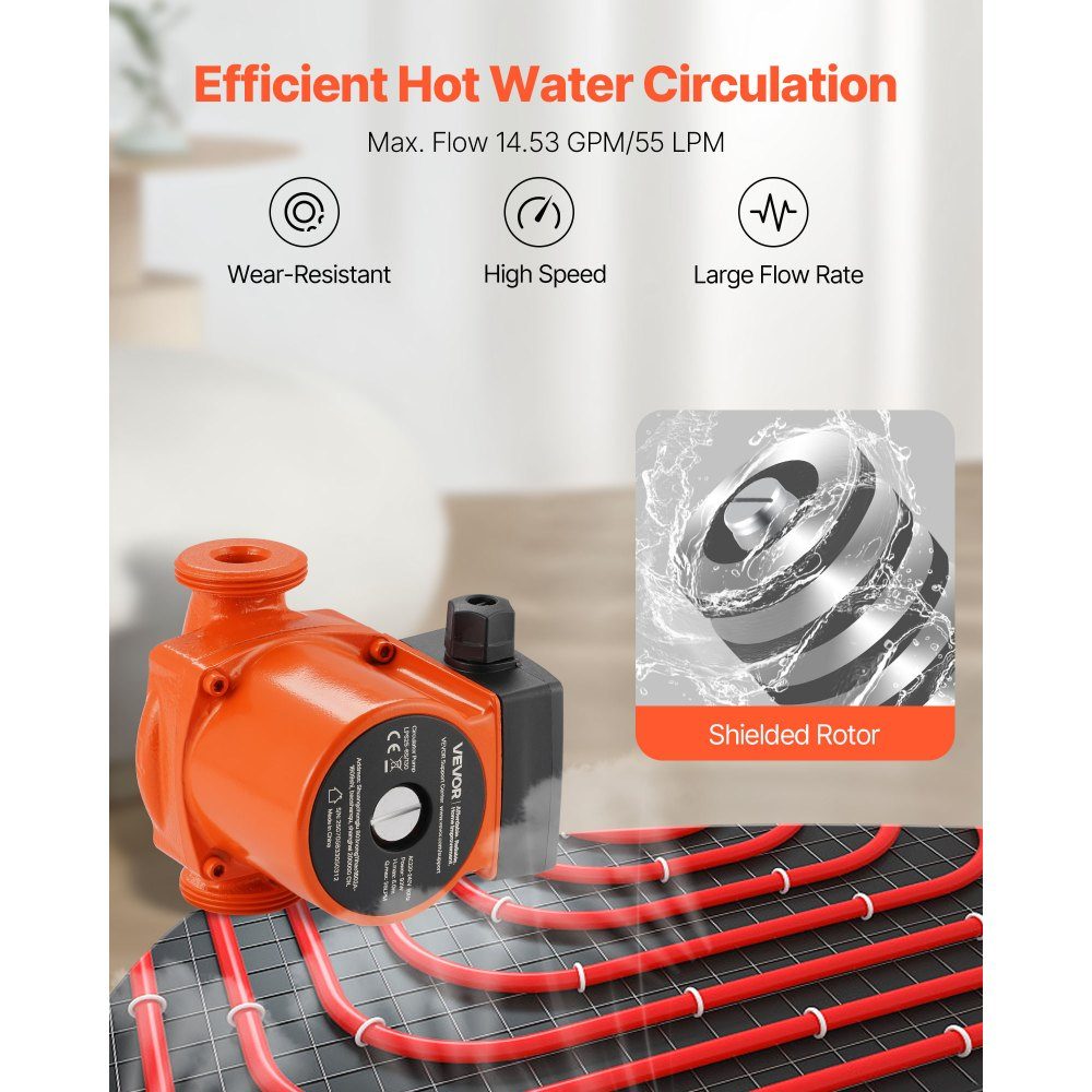 LPS25-6S/130 Cast Iron Circulation Pump 1/8HP 55L/min Hot Water Circulation Pump Threaded Connection 3 Speed ​​Setting Quiet Operation for Home Heating Systems