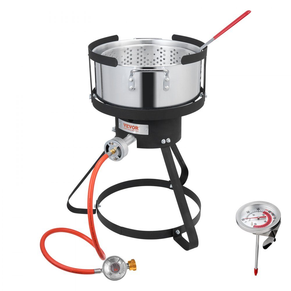Fischfritteuse, Flügelfritteuse, 9,35 l, Propan-Fischfritteusen-Set, Aluminium-Meeresfrüchtetopf für den Außenbereich, mit Thermometer, Siebkorb und 54.000 BTU-Propanbrennern für das Kochen im Freien
