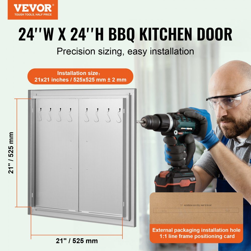 Grill-Zugangstür, 610 x 610 mm, doppelte Außenküchentür, bündig montierte Edelstahltür, doppelwandige vertikale Tür mit Griffen und Haken, für Grillinsel, Grillstation, Außenschrank