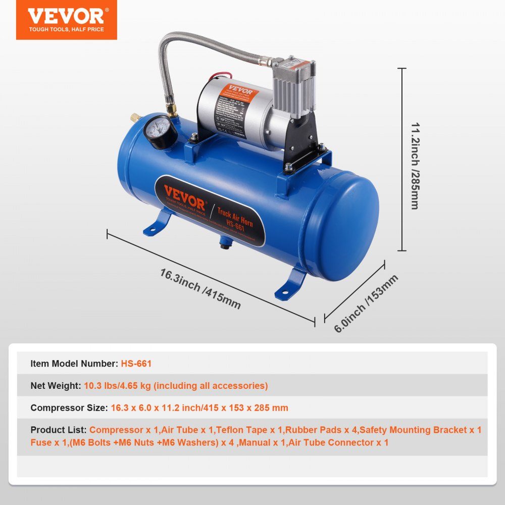 Compresseur d'air 12 V avec réservoir 6 L, kit de compresseur d'air pour klaxon de train, pression de fonctionnement 90-120 psi, système de compresseur d'air intégré pour klaxons d'air de train, gonflage de pneus, camions, SUV, etc. Bleu
