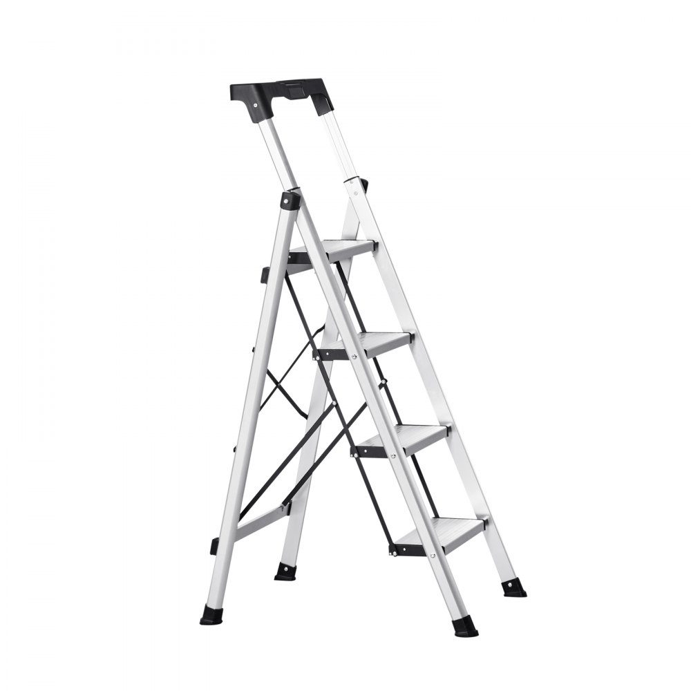 Trittleiter 4 Stufen, Klappleiter mit Anti-Rutsch-Stufen & komfortablem Griff, Haushaltsleiter Belastbarkeit 150 kg, Sicherheitsleiter aus Aluminium für Küche, Haushalt, Lager & Büro, Silber