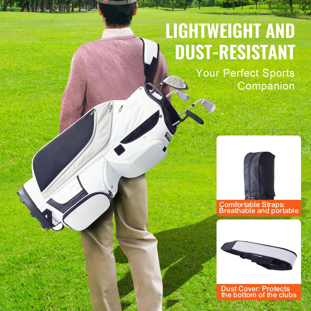 Golfkartas met 14-weg bovenorganizer, 36" 13 zakken Premium nylon kartas, duurzame golftassen met handvatten, stofkap en afneembare bandjes voor mannen en vrouwen, wit kleurblokontwerp