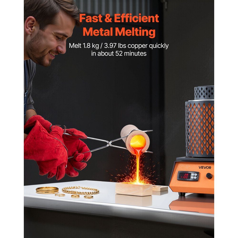 Digital Gold Melting Furnace Machine with 5kg Ceramic Crucible, Electric Melting Furnace 1500W Max 1150℃, Metal Melting Furnace Set for Jewelry Making, Metal Rods, Metal Components, Black