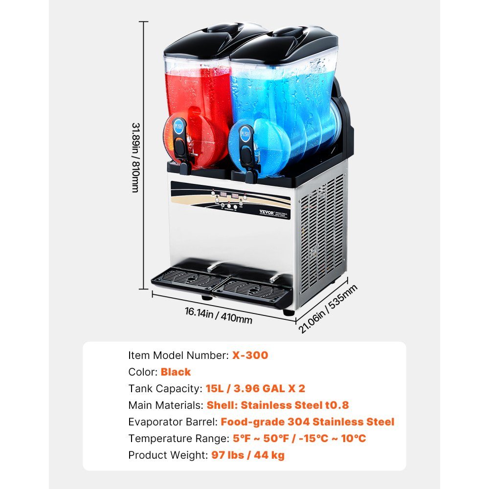 Commercial Frozen Drink Maker, 15L x 2 Slush Machine with Two Tanks, 120 Cup Stainless Steel Margarita Smoothie Machine, Slush Maker for Home Party, Restaurants, Cafes, Bars
