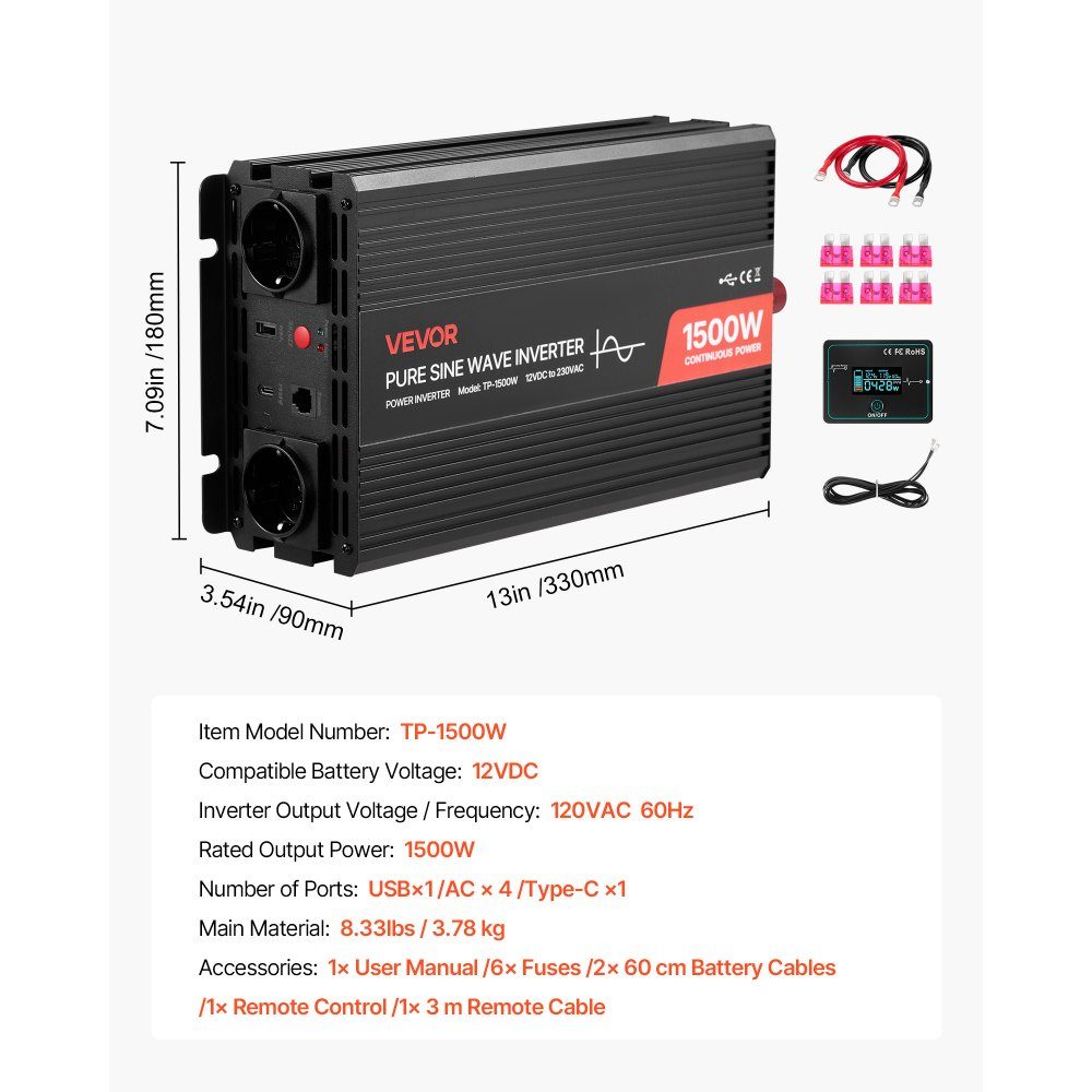 1500 W 12V DC to 230V AC Pure Sine Wave Inverter with Remote Control, USB and Type-C Ports, 2 AC Sockets, Fast Charging for RV, Truck, Outdoor Camping