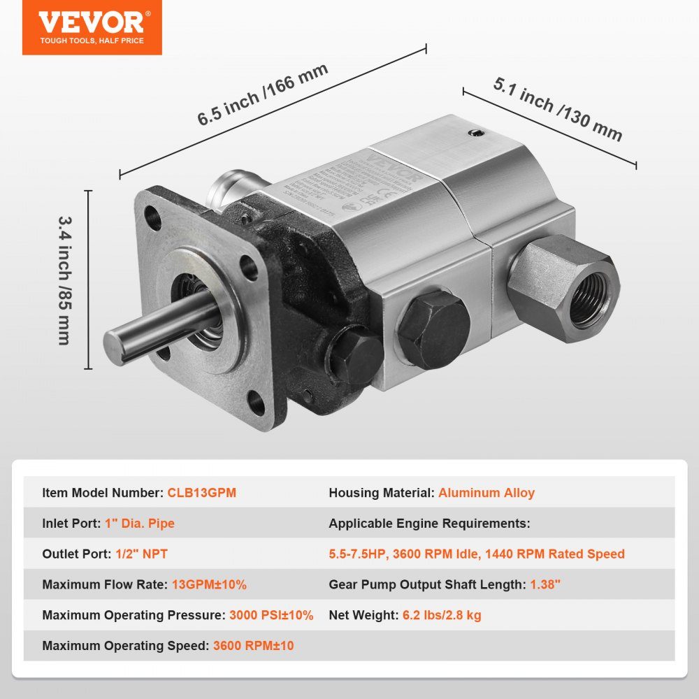 Hydraulische houtsplijtpomp, 13 GPM, 2-traps 3000 PSI houtsplijtpomp, 1" inlaat 1/2" NPT uitlaat 3600 RPM aluminium hydraulische tandwielpomp voor houtsplijter met kleine motor, sneeuwploeg