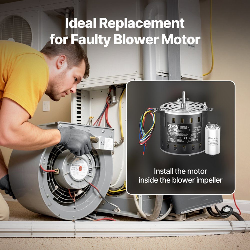 1/2 HP blower motor, 220V, 2.6A, 1300RPM, 3 speeds (1300/1100/800RPM), 10mm shaft diameter, 20mm shaft RED clockwise from shaft end, including CBB60 15μF/450V capacitor