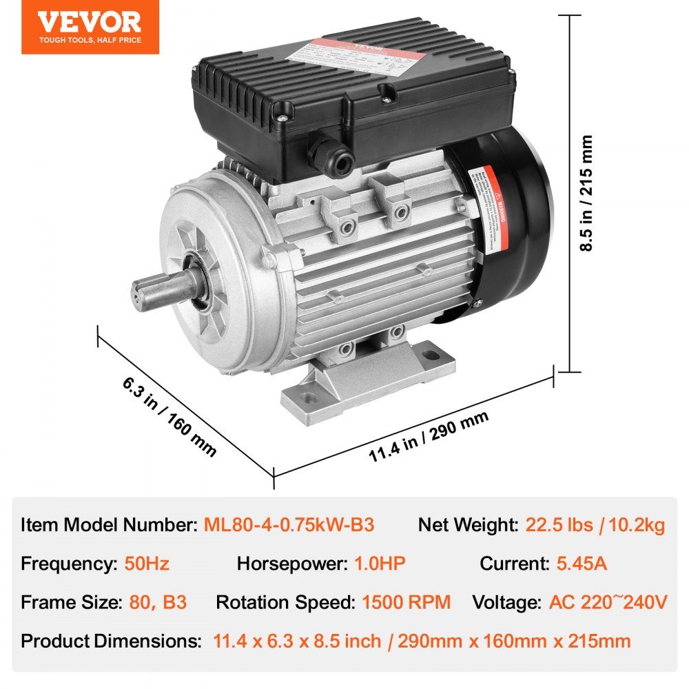 0,75 kW Elektromotor 1400 U/min AC 220 ~ 240 V 5,45 A 80 B3 Rahmen Luftkompressormotor einphasig 19 mm Keilwelle Rechts-/Linksdrehung für landwirtschaftliche Maschinen und allgemeine Geräte