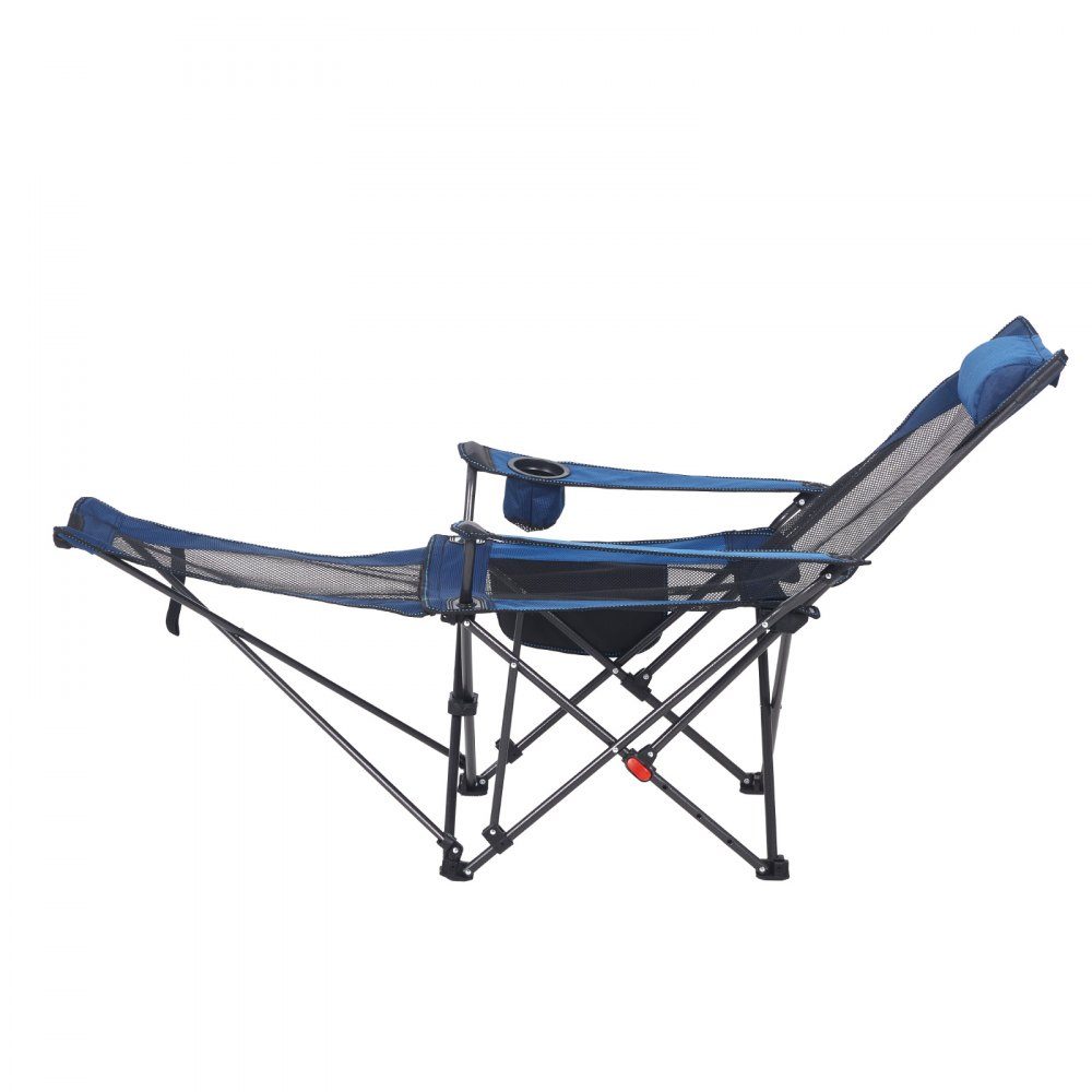 Opvouwbare campingstoel, ligstoel met 4 verstelbare standen, relaxstoel ligstoel met bekerhouder, strandstoel met hoofd- en voetsteun, draagvermogen 100 kg, voor buiten kamperen, blauw