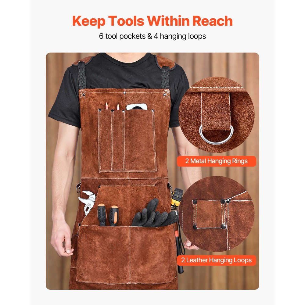 Koeienhuid Lasschort Vlamvertragend Beschermend Schort Hittebestendig Leren Schort met 6 Gereedschapszakken Werkschort voor Houtbewerking Tuinieren BBQ 610x914mm Koeienhuid Lasschort Vlamvertragend Beschermend Schort Hittebestendig Leren Schort met 6 Gereedschapszakken Werkschort voor Houtbewerking Tuinieren BBQ 610x914mm