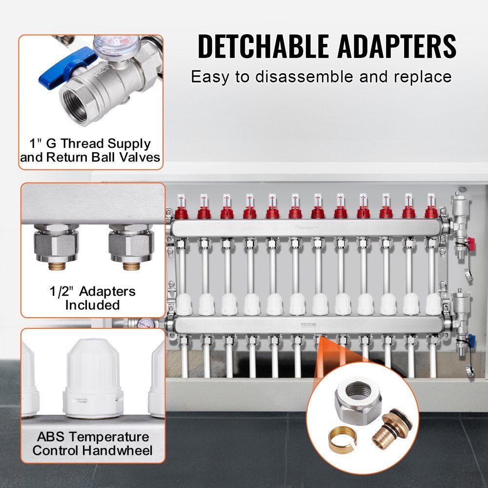 12 Branch Heat Spreader, 1/2" PEX Pipe Manifold, Stainless Steel PEX Manifold for Hydronic Underfloor Heating, Heat Distribution PEX Manifold Kit with 1/2" Adapters Included