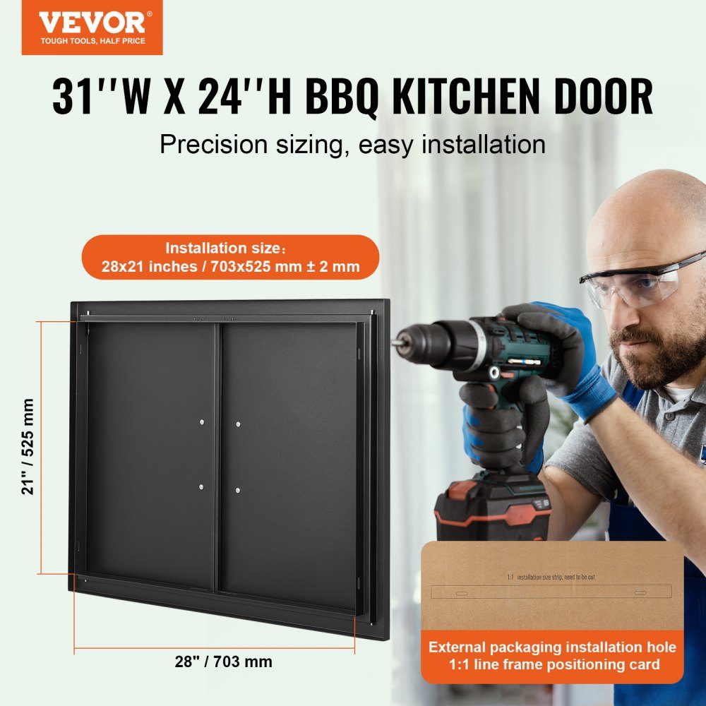 Grill-Zugangstür, 788 x 610 x 46 mm, doppelte Außenküchentür, bündige Montage, Kaltpaneeltür, vertikale Wandtür mit Griffen für Grillinsel-Grillstation (Edelstahl + ölgespritztes Produkt)