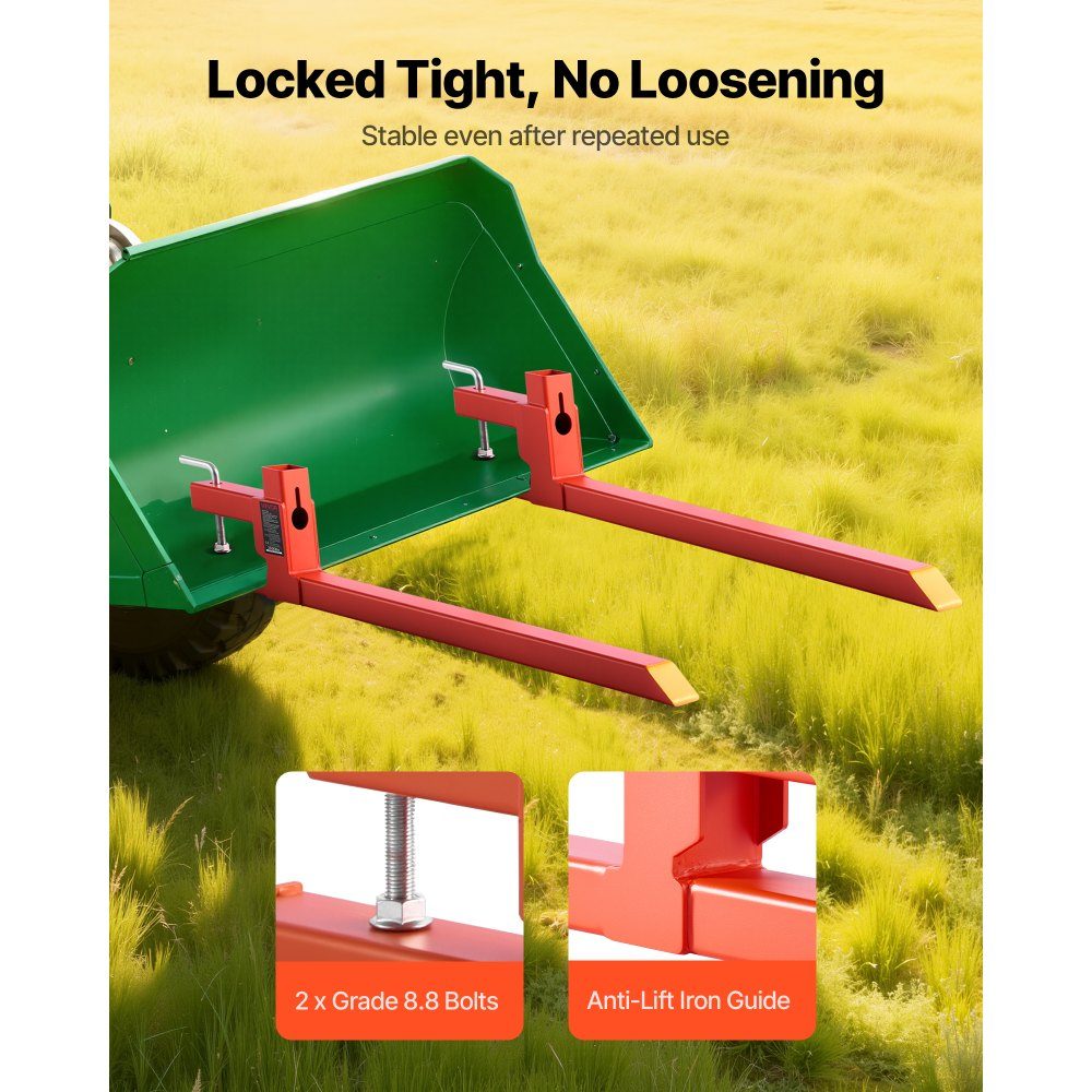 Pallet Forks, 907kg Clamp Fork Carrier, 1090mm Overall Length, Quick Attach Forks, Compatible with Tractor Attachments, Loader Bucket and Skid Steer Loader, Orange