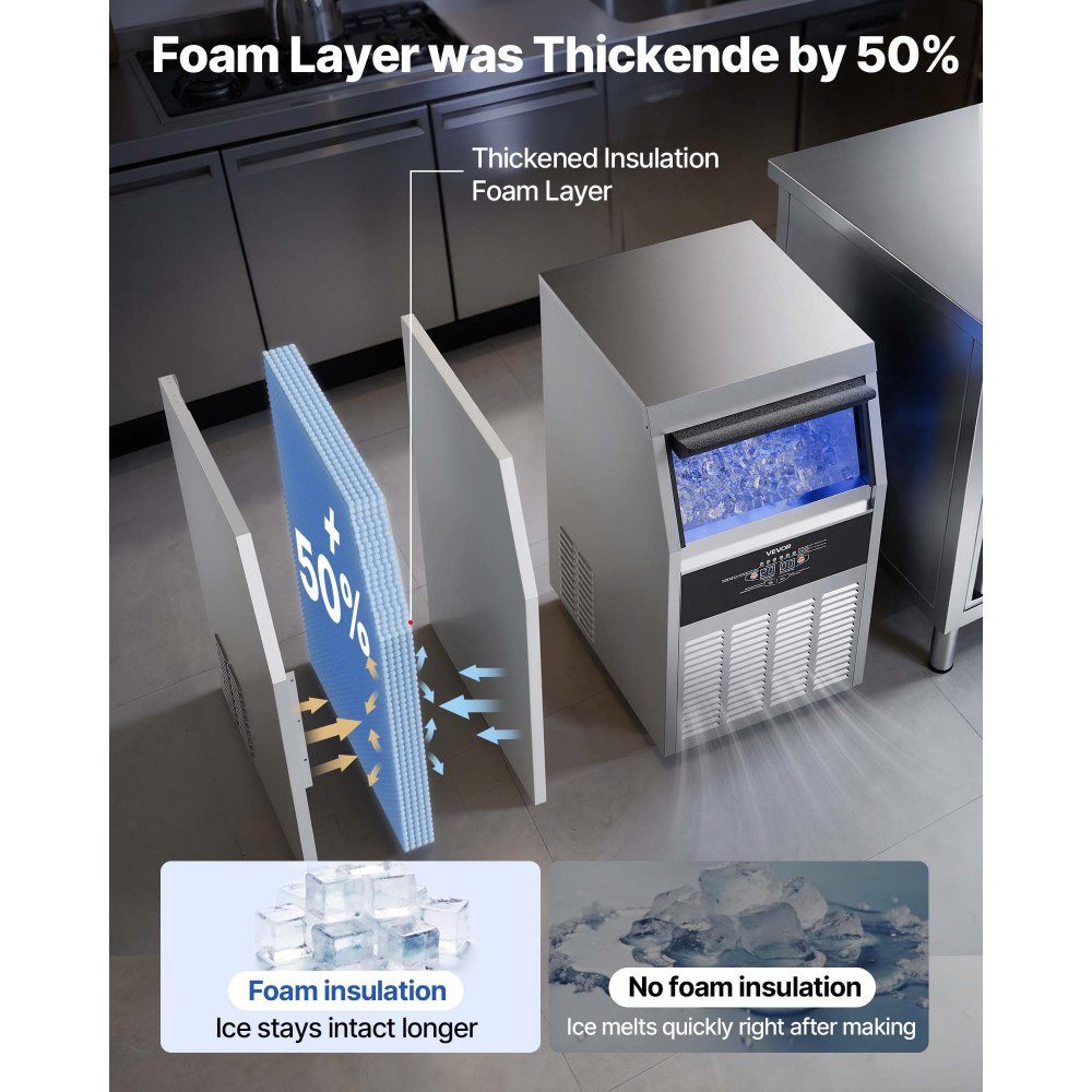 Machine à glaçons commerciale, machine à glaçons 59 kg/jour avec bac de stockage de glace de 14 kg, machine à glaçons autoportante en acier inoxydable avec affichage LED, autonettoyante, idéale pour la maison, bar, restaurant, café
