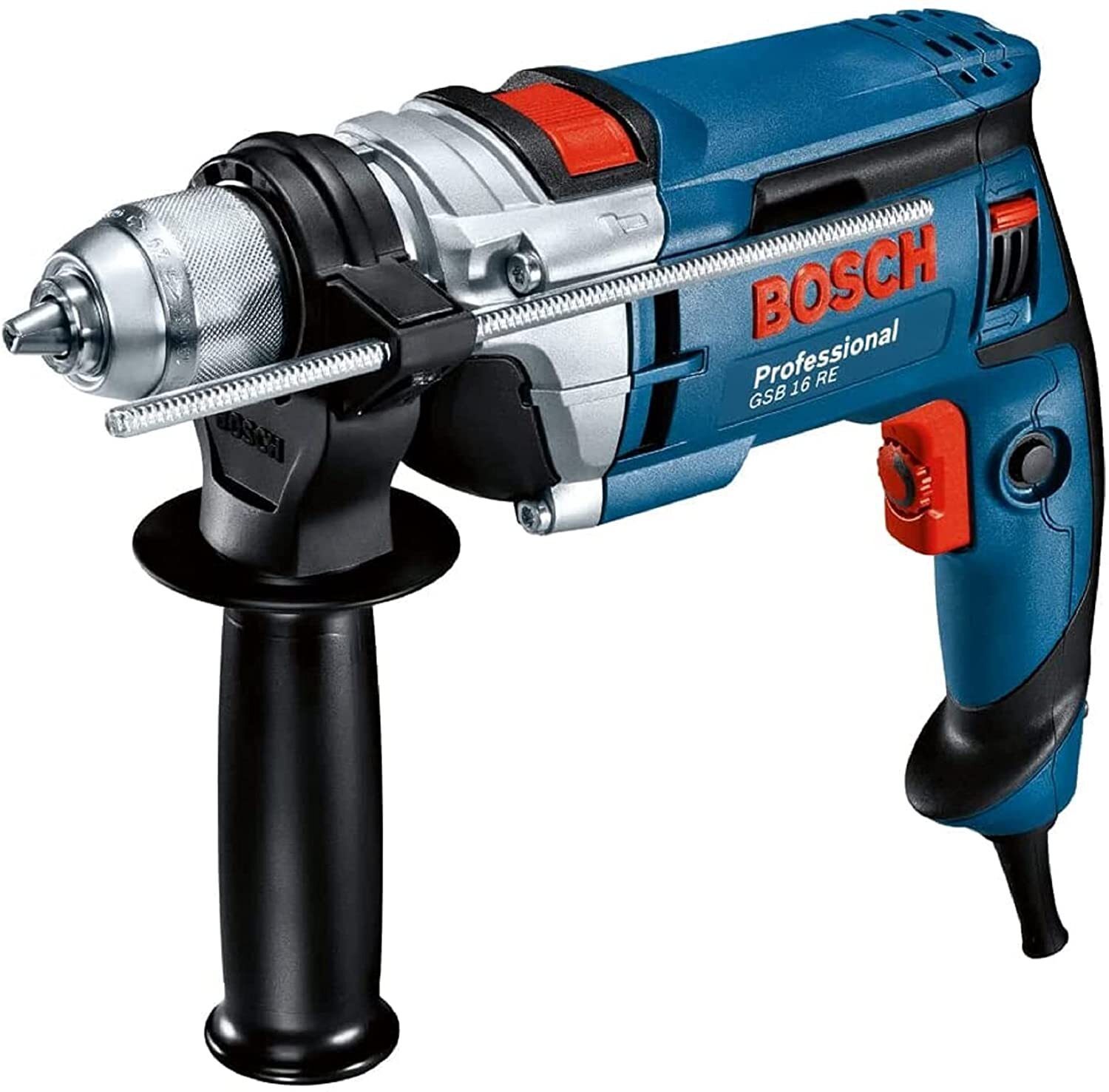 Wiertarka udarowa Bosch Professional GSB 16 RE + uchwyt szybkozaciskowy 13 mm + ogranicznik głębokości 210 mm + uchwyt dodatkowy + walizka (750 W)