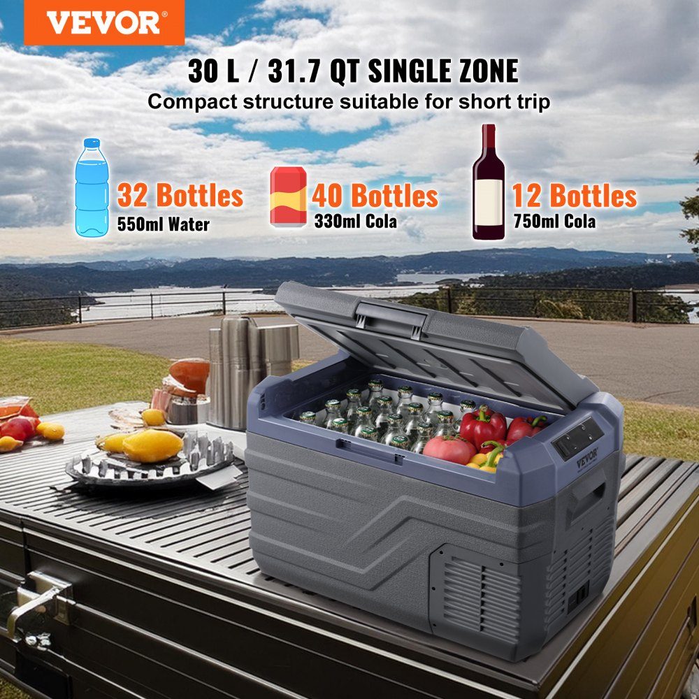 Car Fridge, 12V Car Fridge, Portable 30L Single Zone Freezer with Built-in Lighting, -20°C to 20°C, 12/24V DC and 100-240V AC Compressor Cooler for Outdoor, Camping, RV