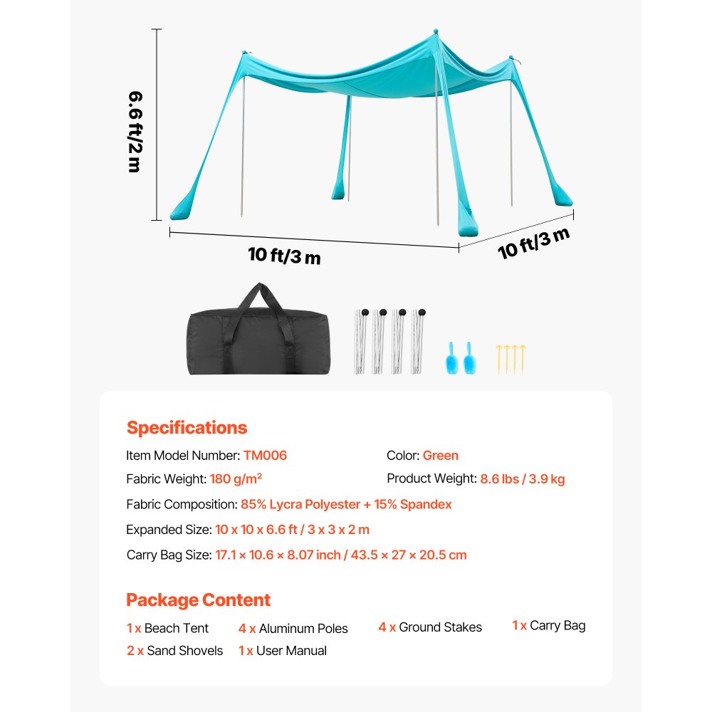 Tente de plage avec protection solaire (UPF 50+) 3 x 3 x 2 m, abri de plage avec sacs de sable, poteaux de support et pelles à sable, auvent portable pour les voyages en famille, le camping, la pêche, vert Tente de plage avec protection solaire (UPF 50+) 3 x 3 x 2 m, abri de plage avec sacs de sable, poteaux de support et pelles à sable, auvent portable pour les voyages en famille, le camping, la pêche, vert