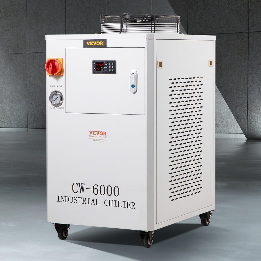 Industrial Water Chiller, CW6000, 1500W Water Chiller Cooling System with Compressor, 15L Water Tank Capacity, 65L/min Maximum Flow Rate, for CO2 Laser Engraving Machine Cooling Machine