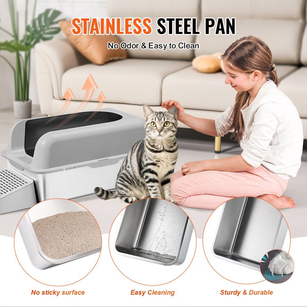 Litter Box 6" Deep XL Extra Large Stainless Steel Litter Box with Scoop Wide Filter Base and High Sides Closed Odor Free Easy Clean Litter Box Suitable for Large Cats