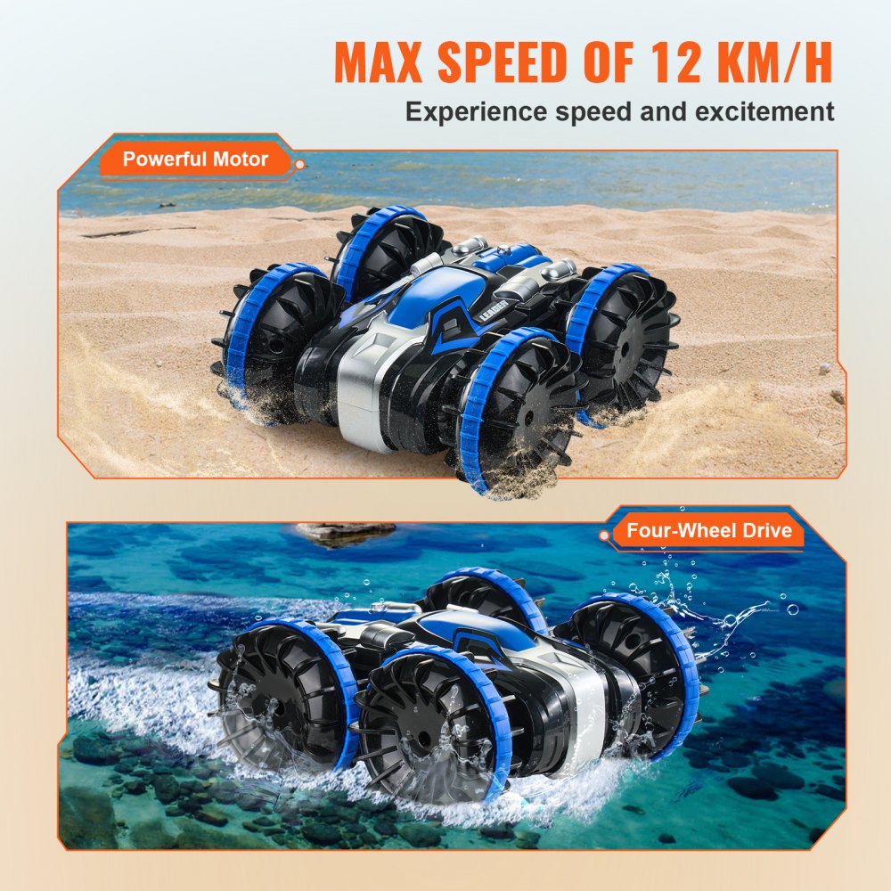 Amphibisches ferngesteuertes Autoboot, 2,4 GHz 12 km/h 4WD wasserdichtes RC-Auto für Kinder, 360° drehbares Stuntauto mit 2 Batterien, geländegängiges Wasser-Strand-Poolspielzeug für Jungen und Mädchen ab 6 Jahren, Blau Amphibisches ferngesteuertes Autoboot, 2,4 GHz 12 km/h 4WD wasserdichtes RC-Auto für Kinder, 360° drehbares Stuntauto mit 2 Batterien, geländegängiges Wasser-Strand-Poolspielzeug für Jungen und Mädchen ab 6 Jahren, Blau