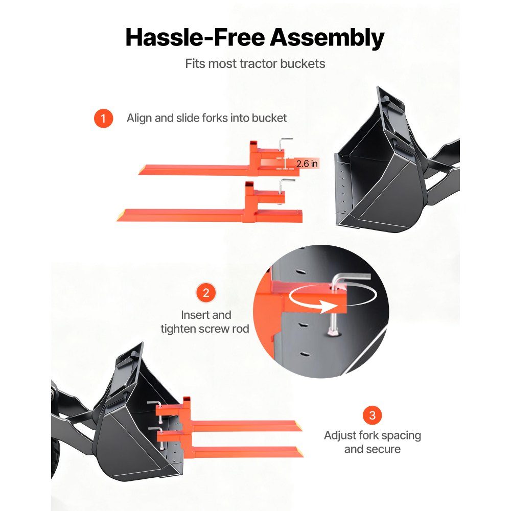 Pallet Forks, 907kg Clamp Fork Carrier, 1090mm Overall Length, Quick Attach Forks, Compatible with Tractor Attachments, Loader Bucket and Skid Steer Loader, Orange