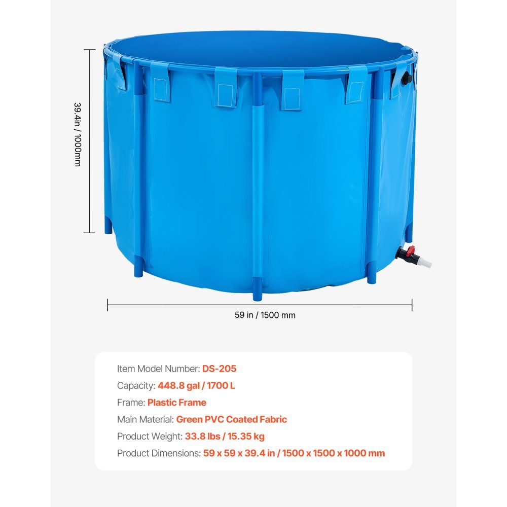 Étang à poissons en PVC d'une capacité de 1 700 L pliable pour aquarium rond avec cadre robuste et valve de vidange pour l'élevage de poissons rouges Koi (bleu)